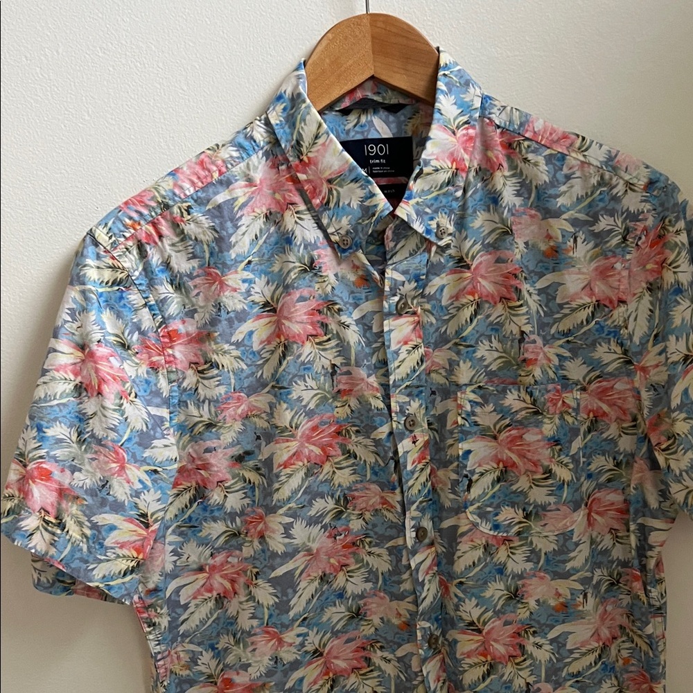 1901 Nordstrom Men's Tropical Floral Shirt - Blue and Pink Medium